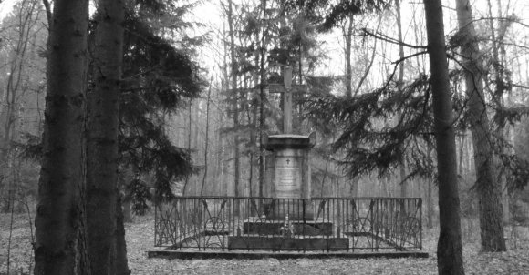 Widok ogólny. Jak widać na pomniku składane są znicze, za pewne przez przedstawicieli lokalnego koła myśliwskiego.